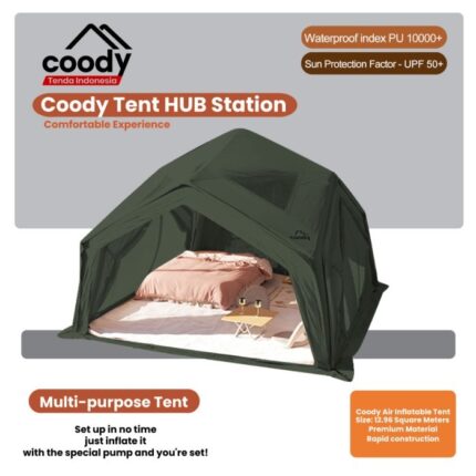 Coody Air Tent Hub Station / Junction 12.96 (12.96 sqm M2) Large Inflatable Tent (Tenda Praktis) Waterproof & UV Protection Luxury Quick Setup for Adventure Camping / Glamping / Fishing / Bushcraft / Hiking - Army Green