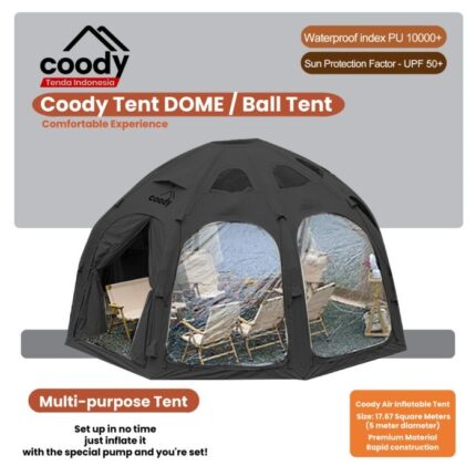 Coody Air Tent Luxury DOME / Ball Tent (5 meters diagonal) Large Inflatable Tent (Tenda Praktis) Waterproof & UV Protection Luxury Quick Setup for Adventure Camping / Glamping / Fishing / Bushcraft / Hiking - Black